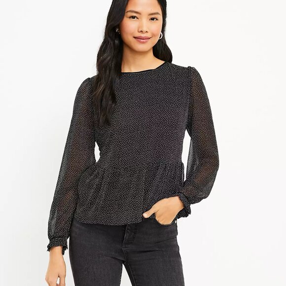 Loft Dotted Velvet Trim Peplum Blouse (Size: M) - Picture 1 of 5